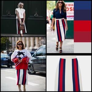 StyleWe Stylish Classic Striped Midi Skirt Red, Blue, White Business Chic XL